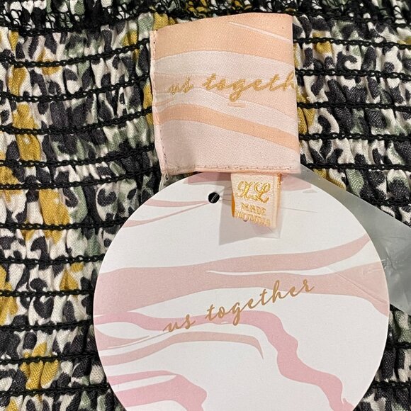 US TOGETHER NWT Puff Sleeve Shirred Sweetheart Midi Dress Floral Blk/Grn/Yel XL - Picture 8 of 11